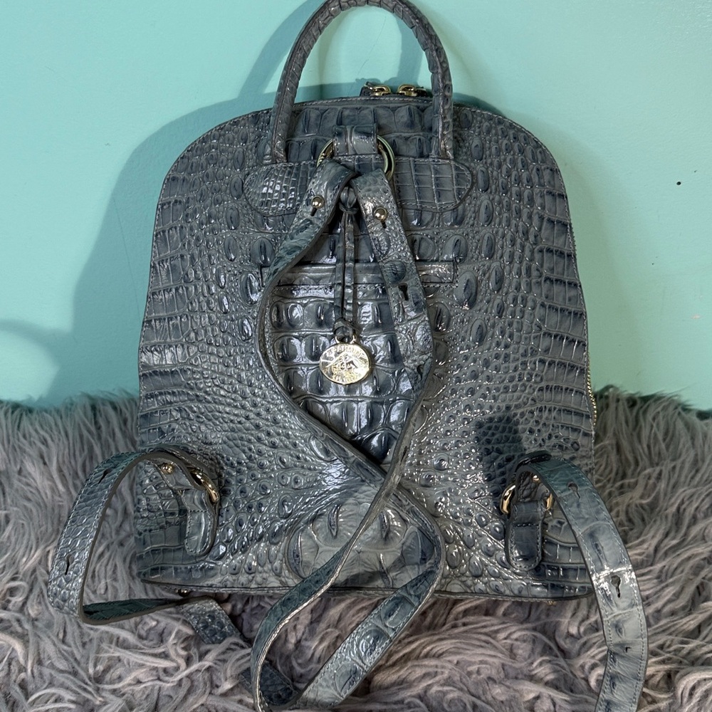 Brahmin Crocodile Embossed Gray /Blue Backpack - Picture 3 of 17